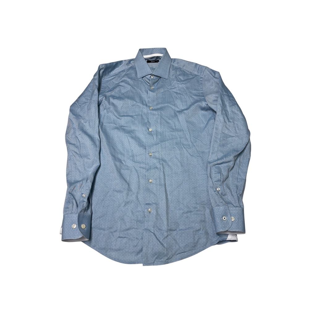 Hugo Boss Slim Fit Mens Light Blue Micro Dot Dress Shirt Size 15 38 Long Sleeve